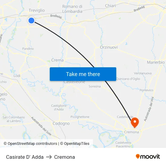 Casirate D' Adda to Cremona map