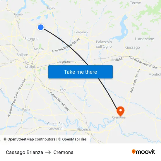Cassago Brianza to Cremona map