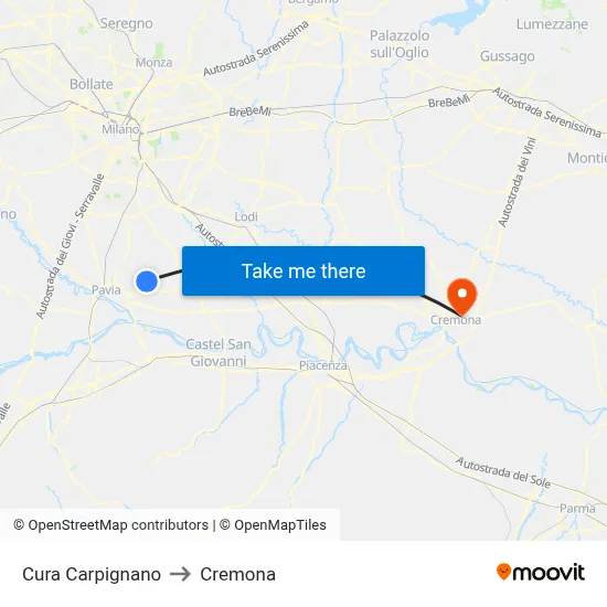 Cura Carpignano to Cremona map