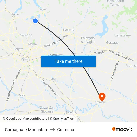 Garbagnate Monastero to Cremona map