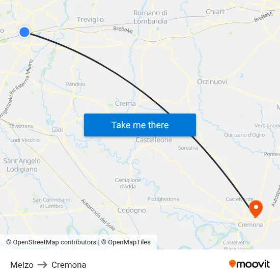Melzo to Cremona map