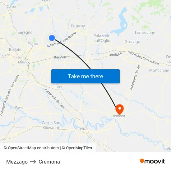 Mezzago to Cremona map