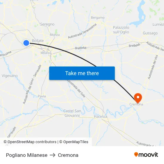 Pogliano Milanese to Cremona map