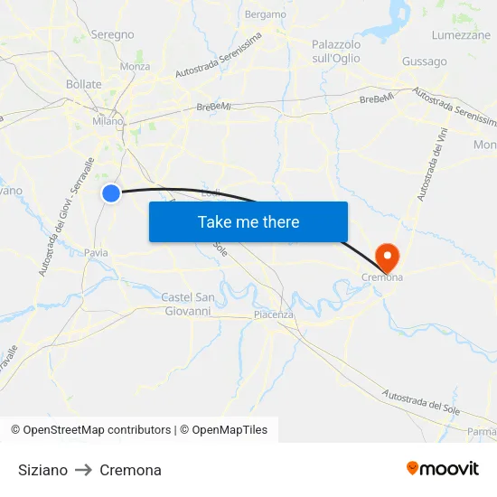 Siziano to Cremona map