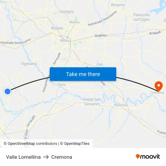 Valle Lomellina to Cremona map
