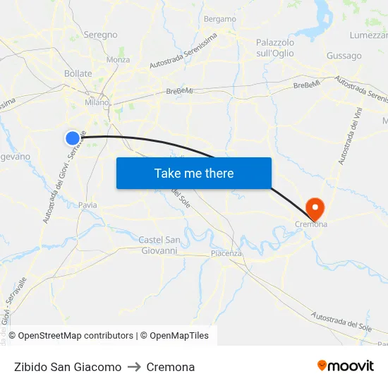 Zibido San Giacomo to Cremona map