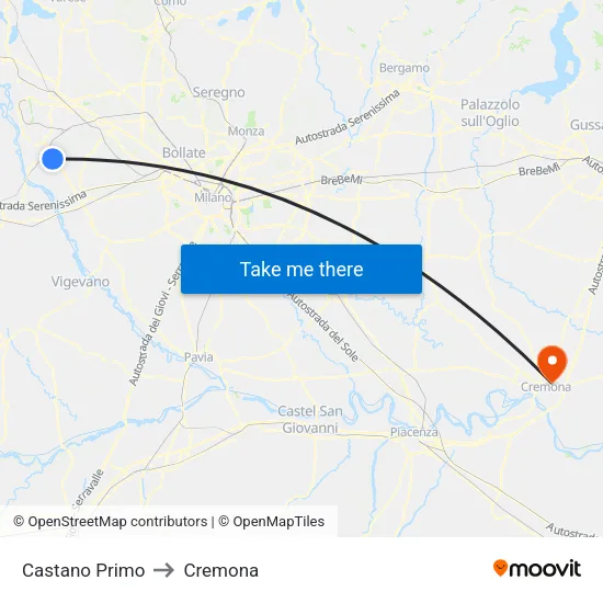 Castano Primo to Cremona map