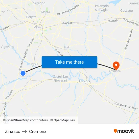 Zinasco to Cremona map