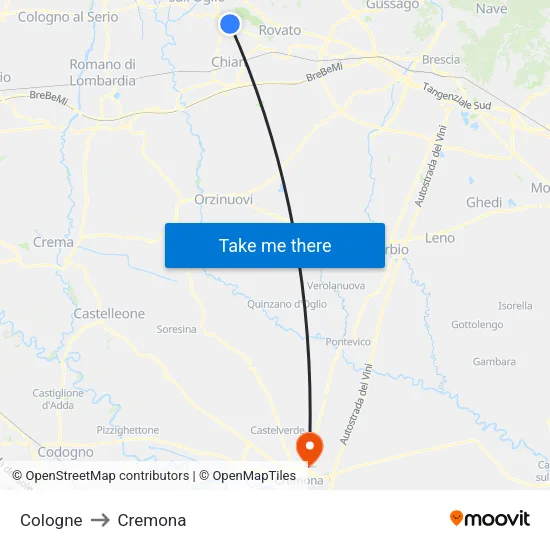 Cologne to Cremona map