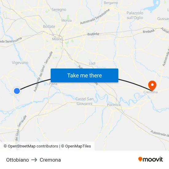 Ottobiano to Cremona map