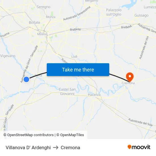Villanova d'Ardenghi to Cremona map
