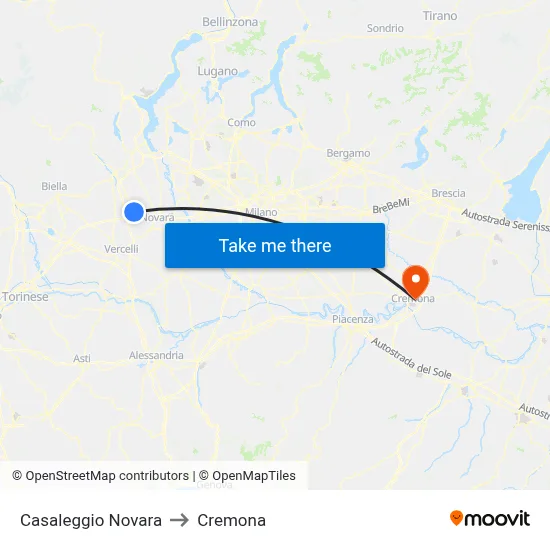 Casaleggio Novara to Cremona map