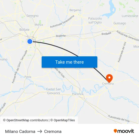Milan Cadorna to Cremona map