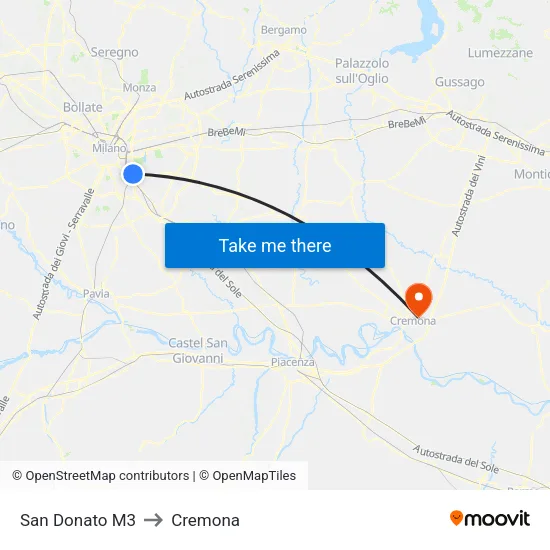 San Donato M3 to Cremona map