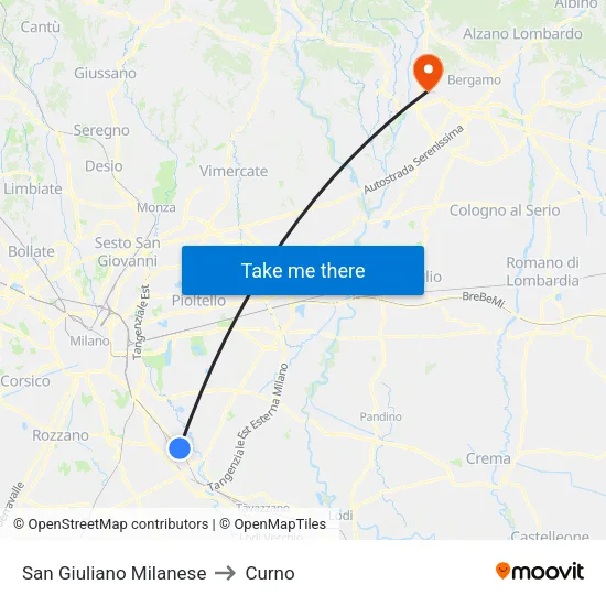 San Giuliano Milanese to Curno map