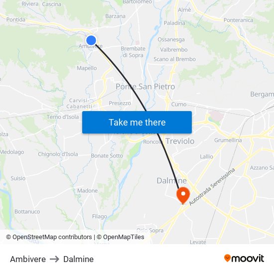 Ambivere to Dalmine map