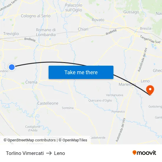 Torlino Vimercati to Leno map