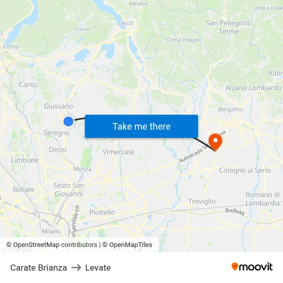 Carate Brianza to Levate map