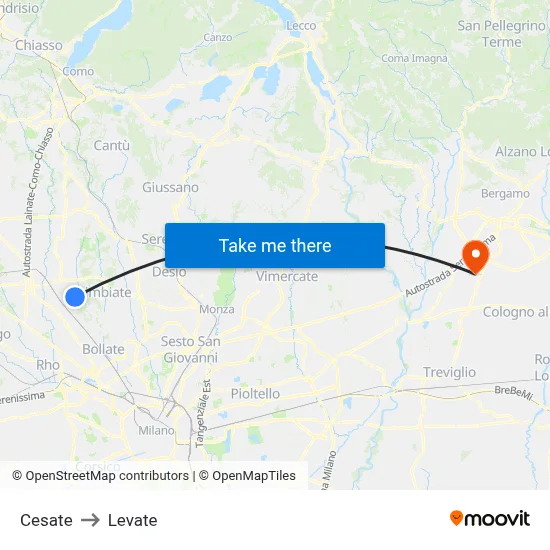 Cesate to Levate map