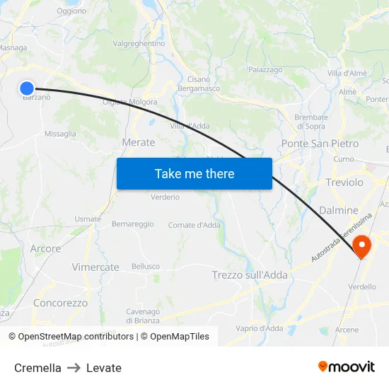 Cremella to Levate map