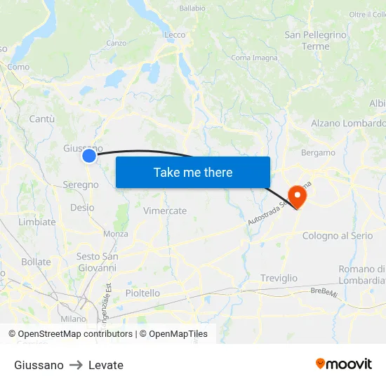 Giussano to Levate map