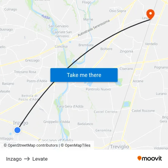 Inzago to Levate map