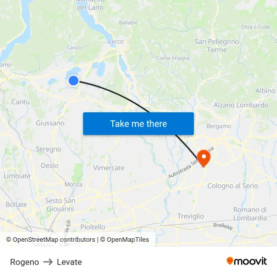 Rogeno to Levate map