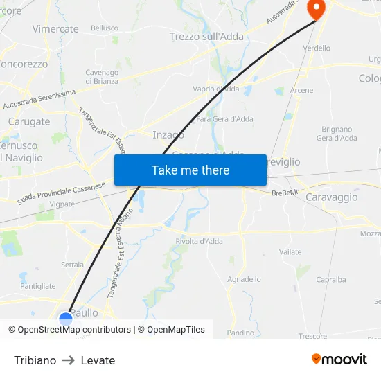 Tribiano to Levate map