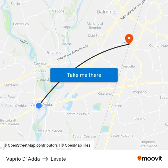 Vaprio d'Adda to Levate map