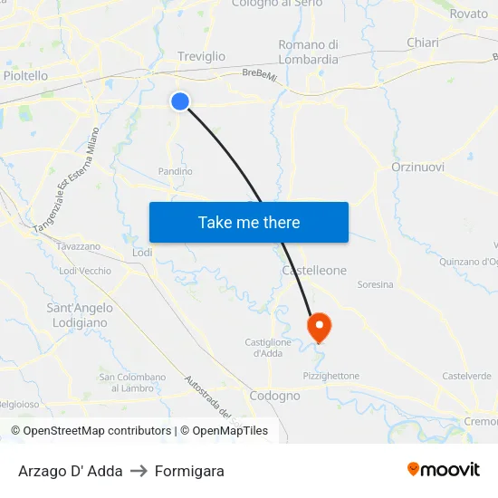 Arzago d'Adda to Formigara map