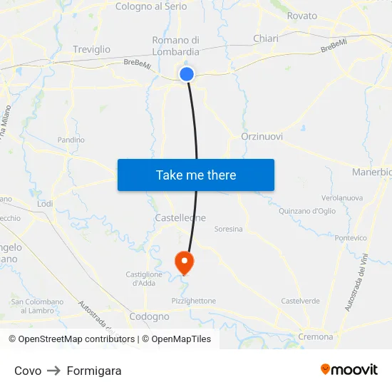 Covo to Formigara map