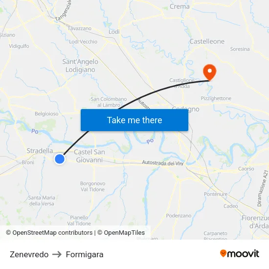 Zenevredo to Formigara map