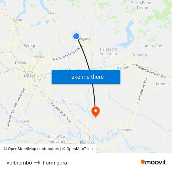 Valbrembo to Formigara map