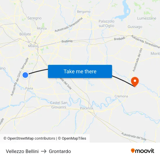 Vellezzo Bellini to Grontardo map