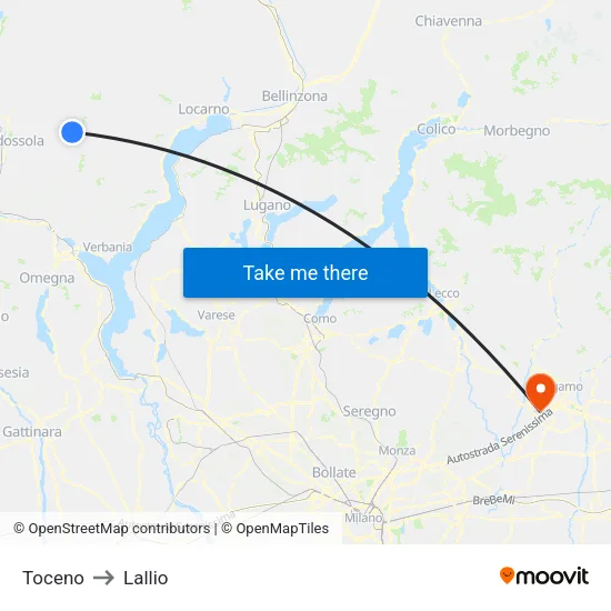 Toceno to Lallio map