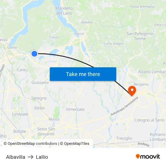 Albavilla to Lallio map