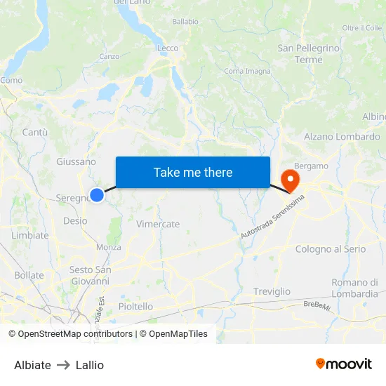 Albiate to Lallio map