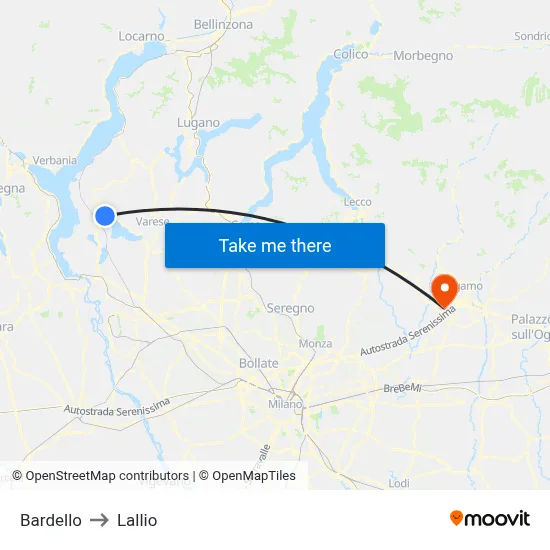 Bardello to Lallio map