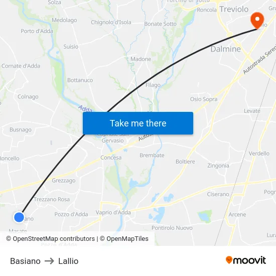 Basiano to Lallio map