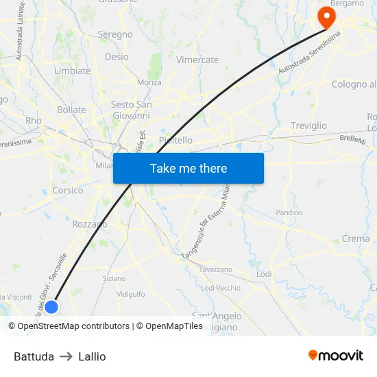 Battuda to Lallio map