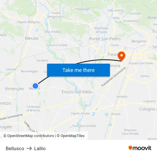 Bellusco to Lallio map