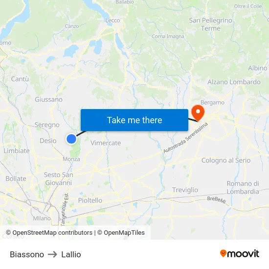 Biassono to Lallio map