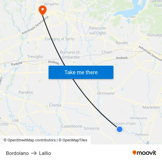 Bordolano to Lallio map