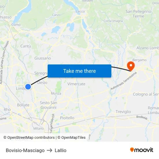 Bovisio-Masciago to Lallio map