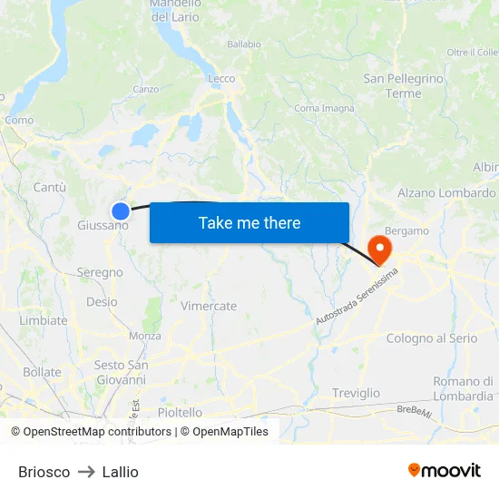 Briosco to Lallio map