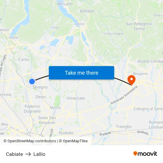 Cabiate to Lallio map