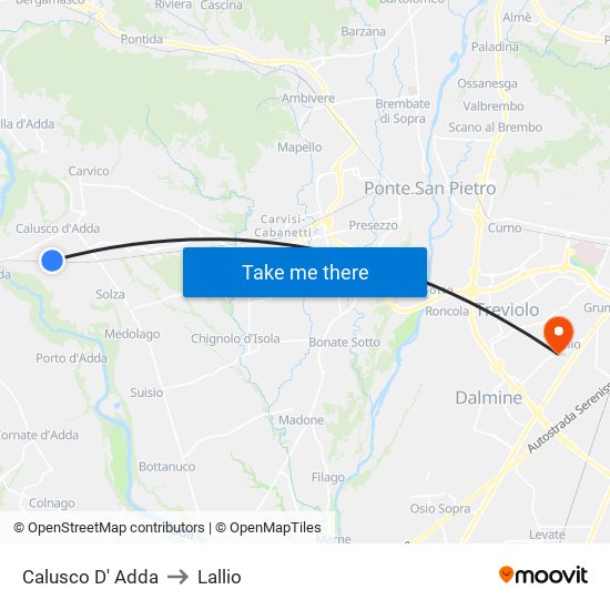 Calusco D' Adda to Lallio map