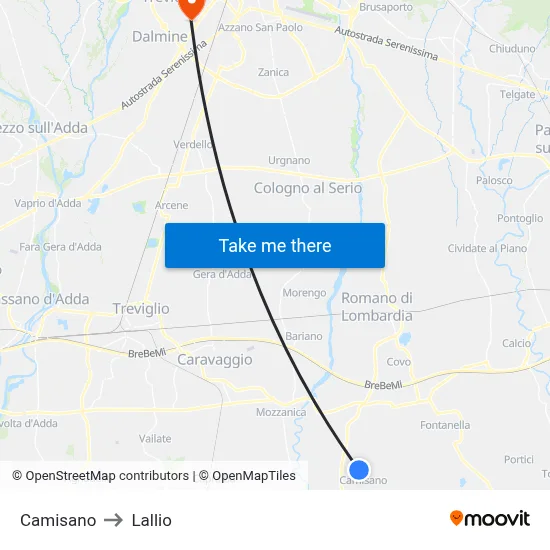 Camisano to Lallio map