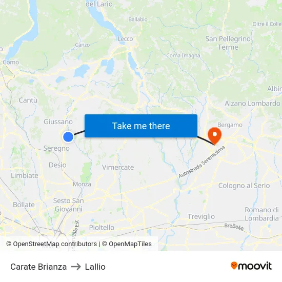 Carate Brianza to Lallio map