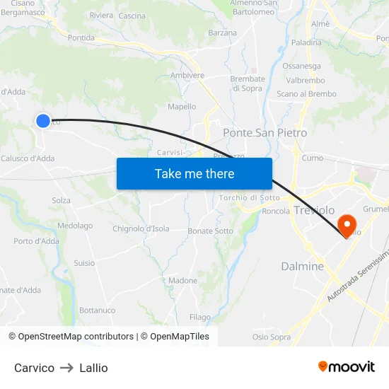 Carvico to Lallio map
